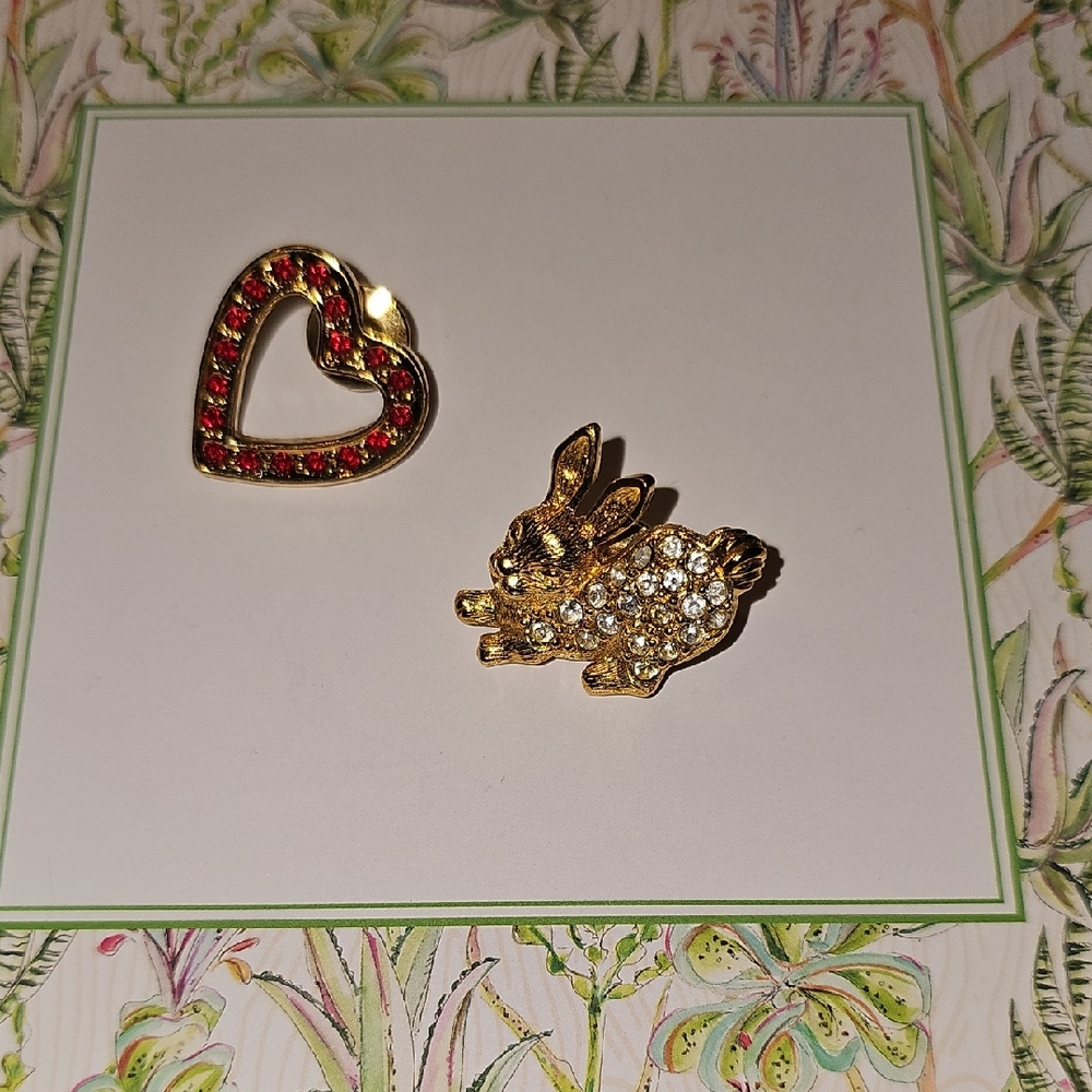 Gold Rabbit and Red Crystal Heart Brooch Set - Women Jewelry By Avon